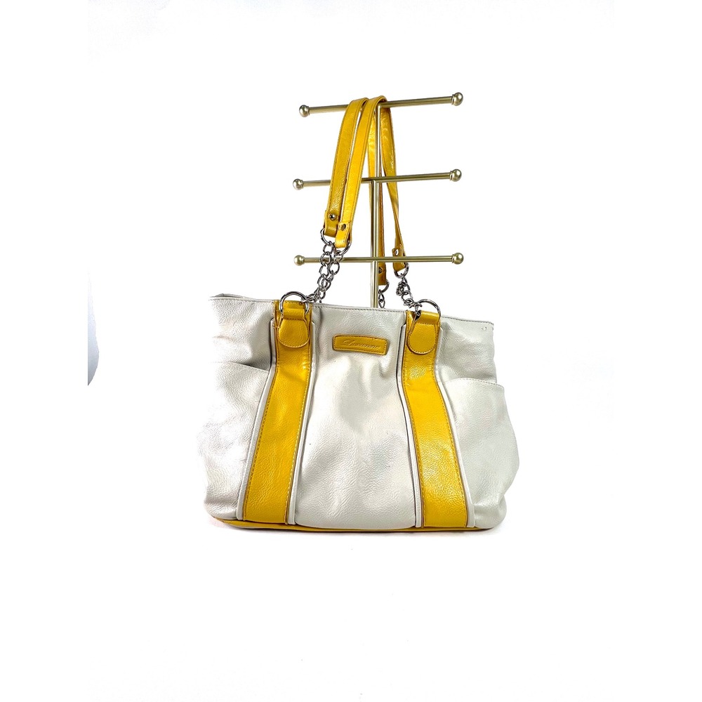 Luanne Cream and Yellow Faux Leather Chain Strap Shoulder Bag Tote